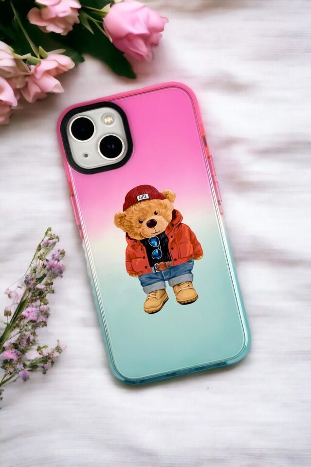 iPhone 13 Uyumlu Teddy Bear Desenli Premium Rainbow Silikonlu Telefon Kılıfı