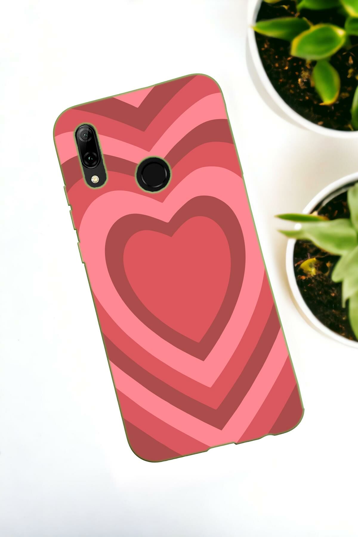 Huawei P Smart 2019 Uyumlu Kırmızı Kalpler Desenli Premium Silikonlu Lansman Telefon Kılıfı