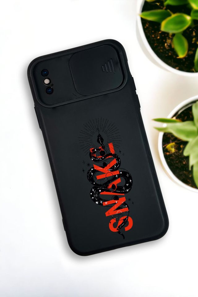iPhone Xs Max Uyumlu Snake Desenli Kamera Koruma Slider Kapaklı Silikonlu Telefon Kılıfı