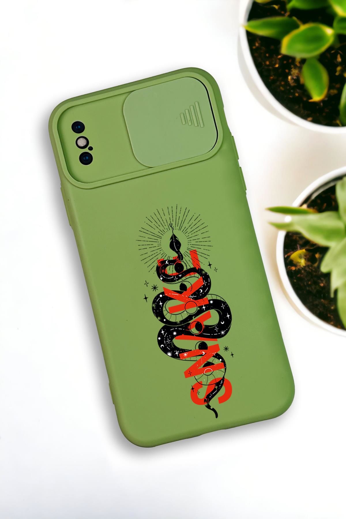 iPhone Xs Max Uyumlu Snake Desenli Kamera Koruma Slider Kapaklı Silikonlu Telefon Kılıfı