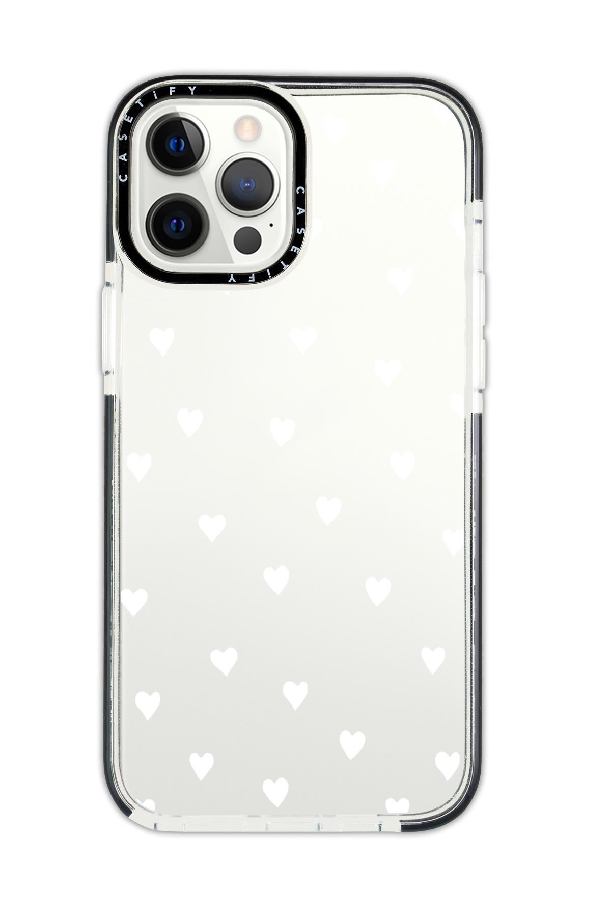 iPhone 13 Pro Max Casetify Uyumlu Beyaz Kalpler Desenli Anti Shock Premium Silikonlu Siyah Kenar Detaylı Telefon Kılıfı