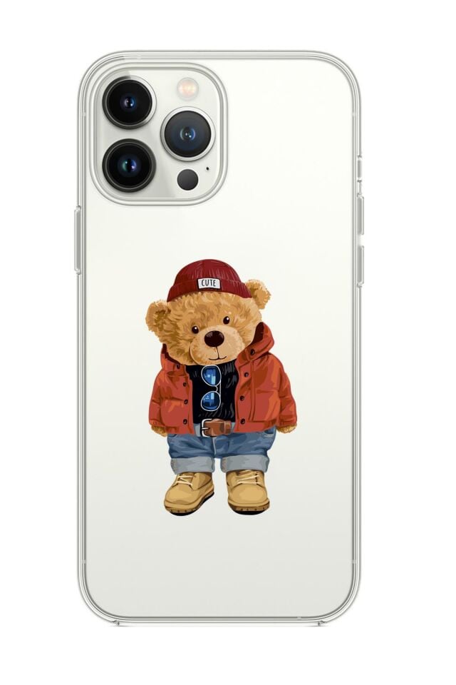 iPhone 14 Pro Max Uyumlu Teddy Bear Desenli Şeffaf Silikonlu Telefon Kılıfı