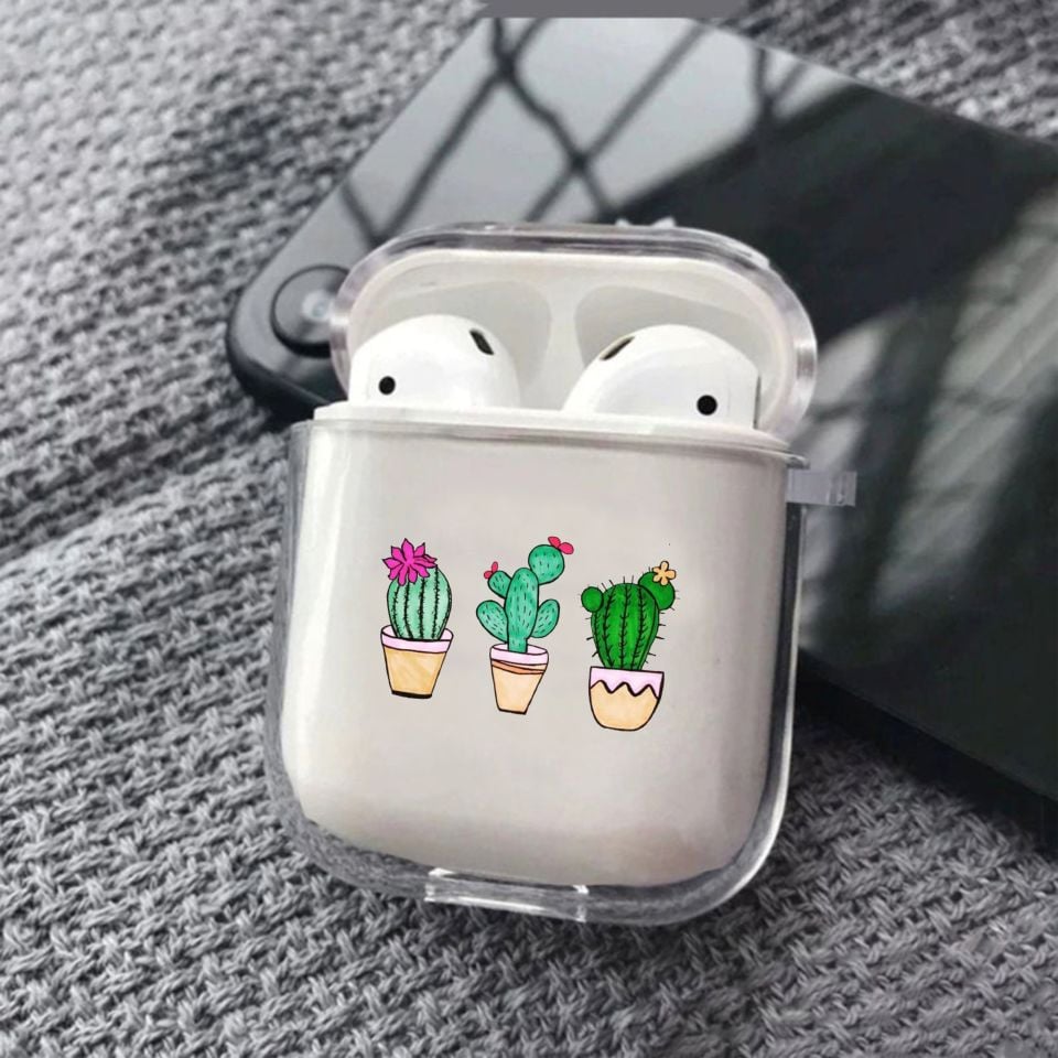 Kaktüs Desenli Şeffaf AirPods Kılıfı Premium Silikonlu