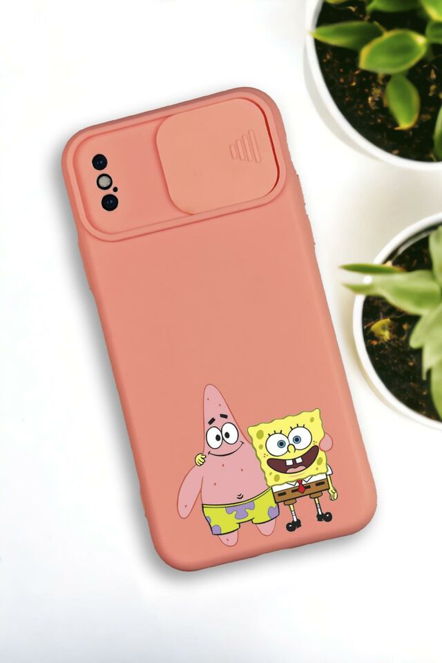 iPhone Xs Max Uyumlu Sünger Bob ve Patrick Star Desenli Kamera Koruma Slider Kapaklı Silikonlu Telefon Kılıfı