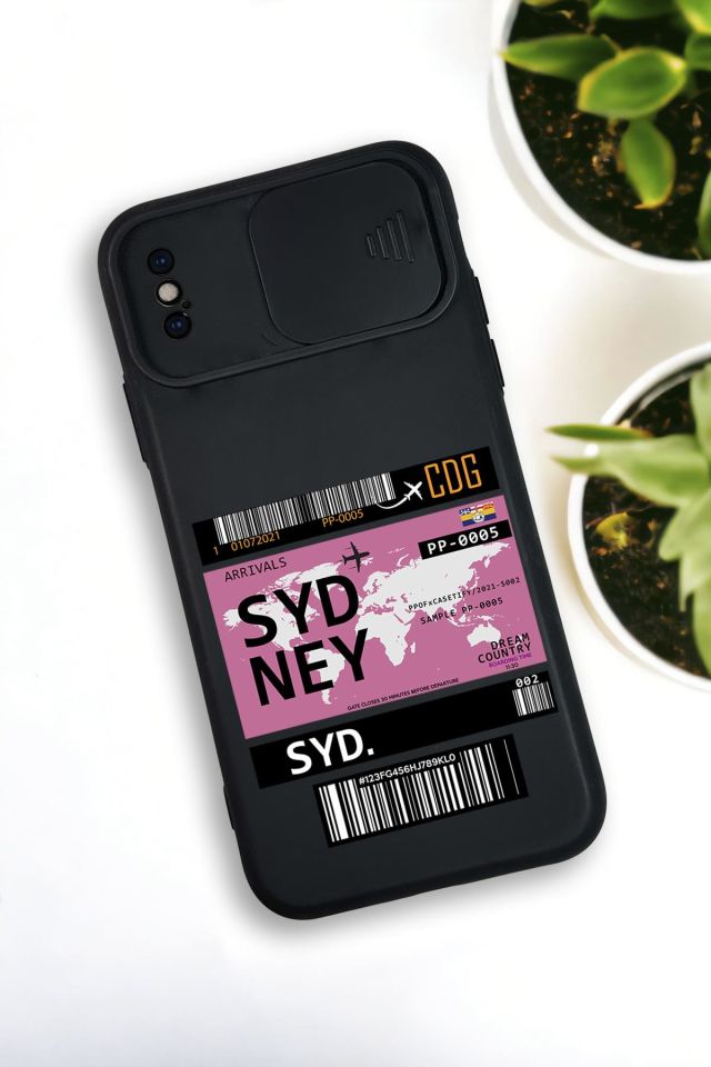 iPhone X / Xs Uyumlu Sydney Ticket Desenli Kamera Koruma Slider Kapaklı Silikonlu Telefon Kılıfı