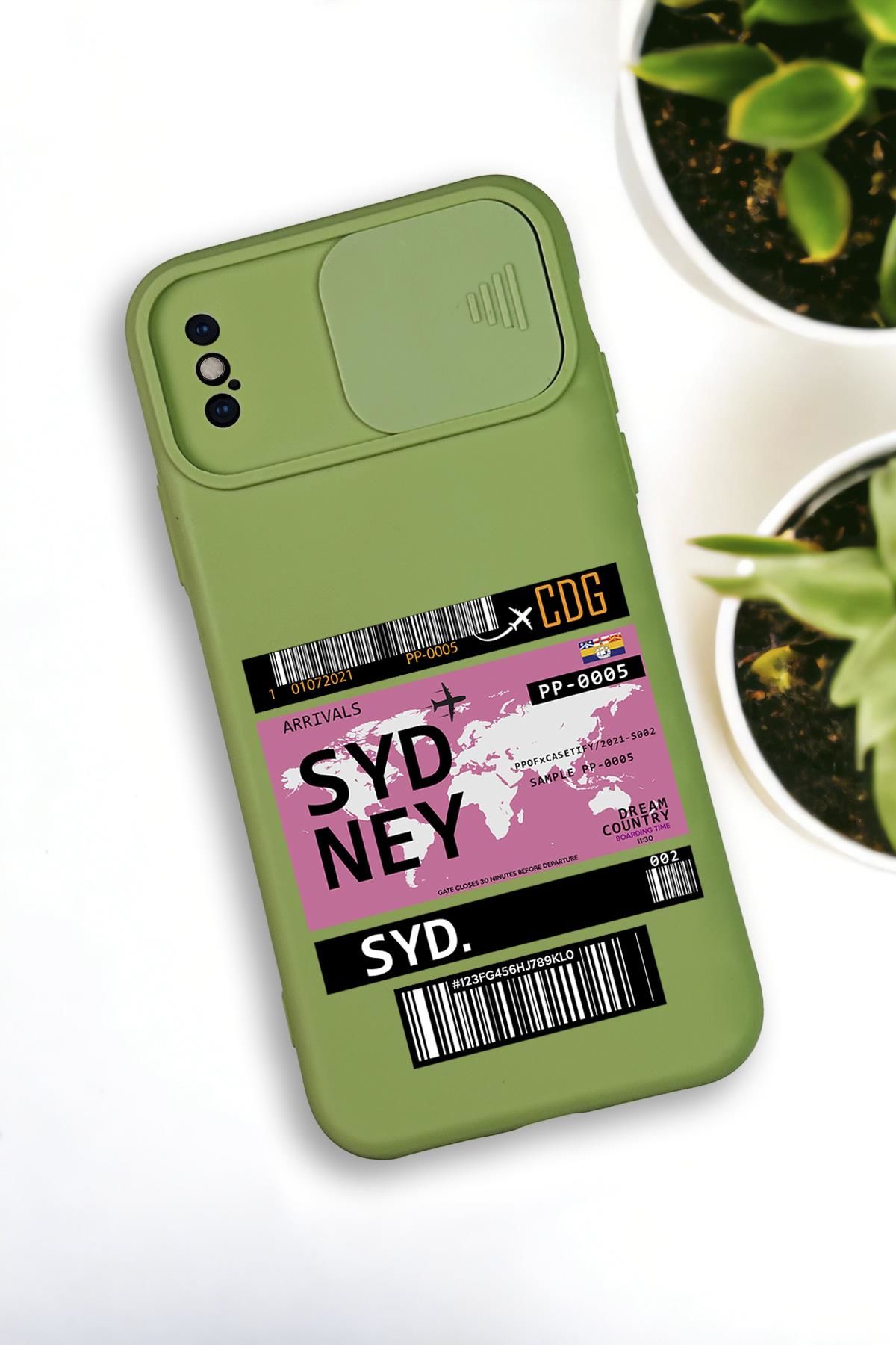 iPhone X / Xs Uyumlu Sydney Ticket Desenli Kamera Koruma Slider Kapaklı Silikonlu Telefon Kılıfı