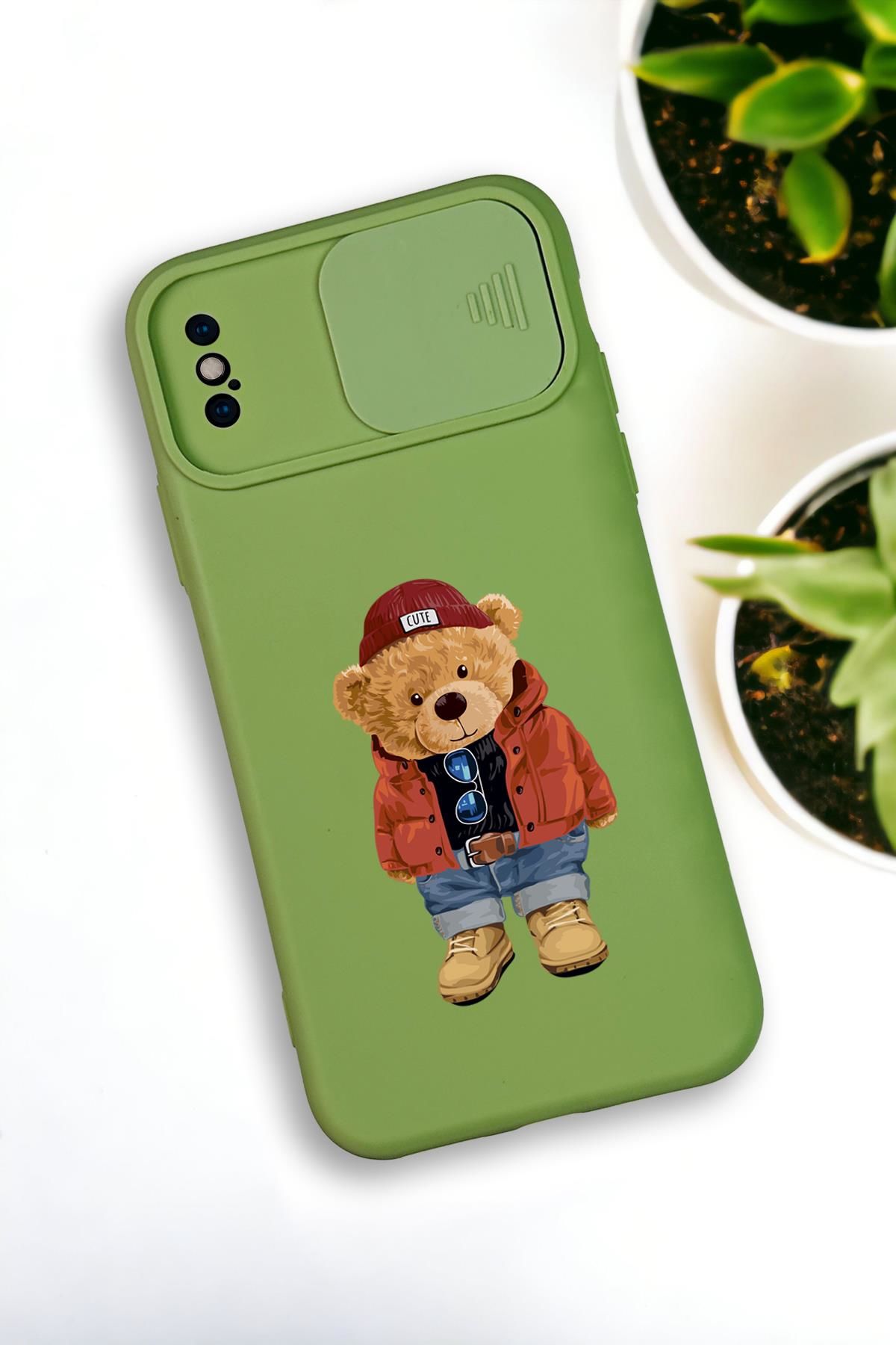 iPhone X / Xs Uyumlu Teddy Bear Desenli Kamera Koruma Slider Kapaklı Silikonlu Telefon Kılıfı