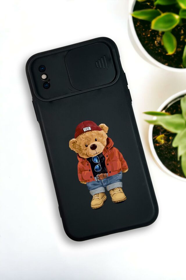 iPhone Xs Max Uyumlu Teddy Bear Desenli Kamera Koruma Slider Kapaklı Silikonlu Telefon Kılıfı