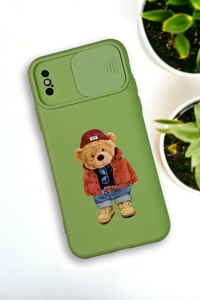 iPhone Xs Max Uyumlu Teddy Bear Desenli Kamera Koruma Slider Kapaklı Silikonlu Telefon Kılıfı