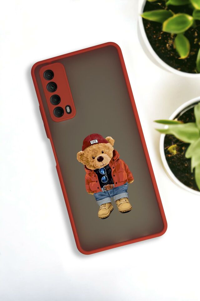 Huawei P Smart 2021 Uyumlu Teddy Bear Desenli Buzlu Şeffaf Lüx Telefon Kılıfı