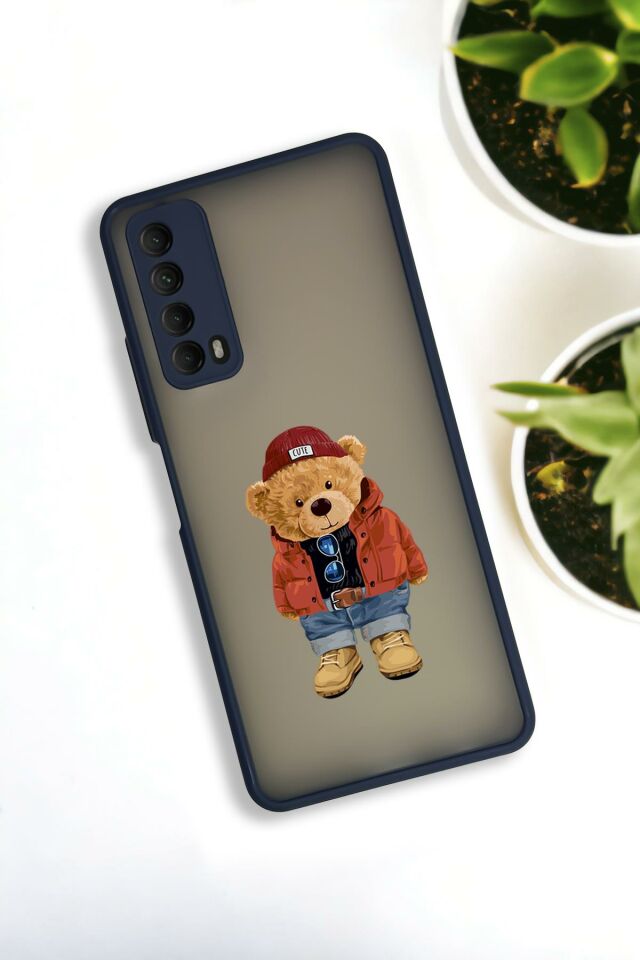 Huawei P Smart 2021 Uyumlu Teddy Bear Desenli Buzlu Şeffaf Lüx Telefon Kılıfı