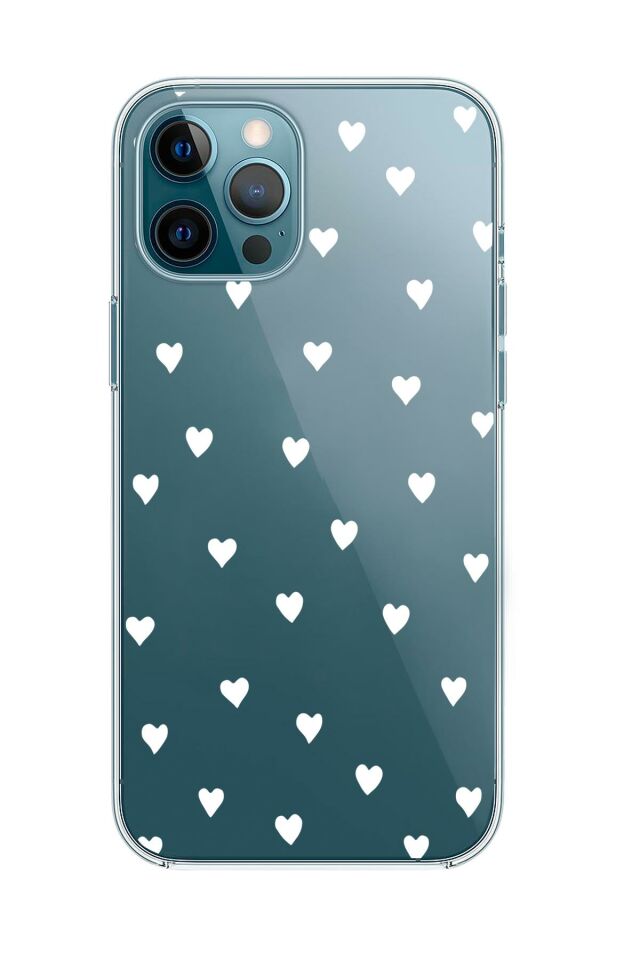 iPhone 12 Pro Uyumlu Beyaz Kalpler Premium Şeffaf Silikon Kılıf