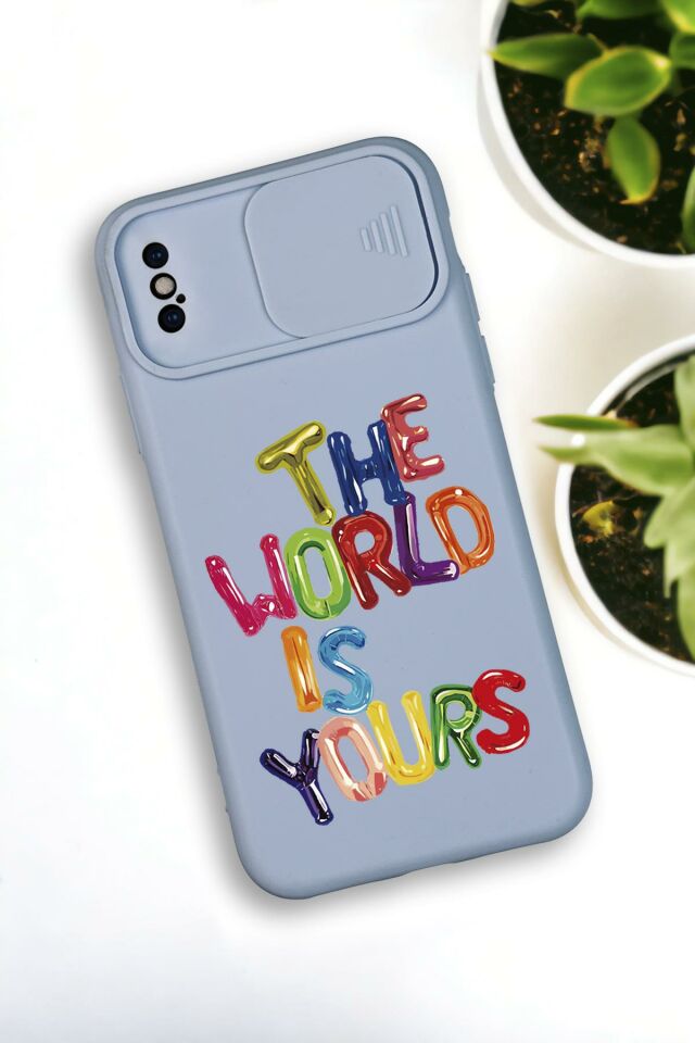 iPhone Xs Max Uyumlu The World Desenli Kamera Koruma Slider Kapaklı Silikonlu Telefon Kılıfı