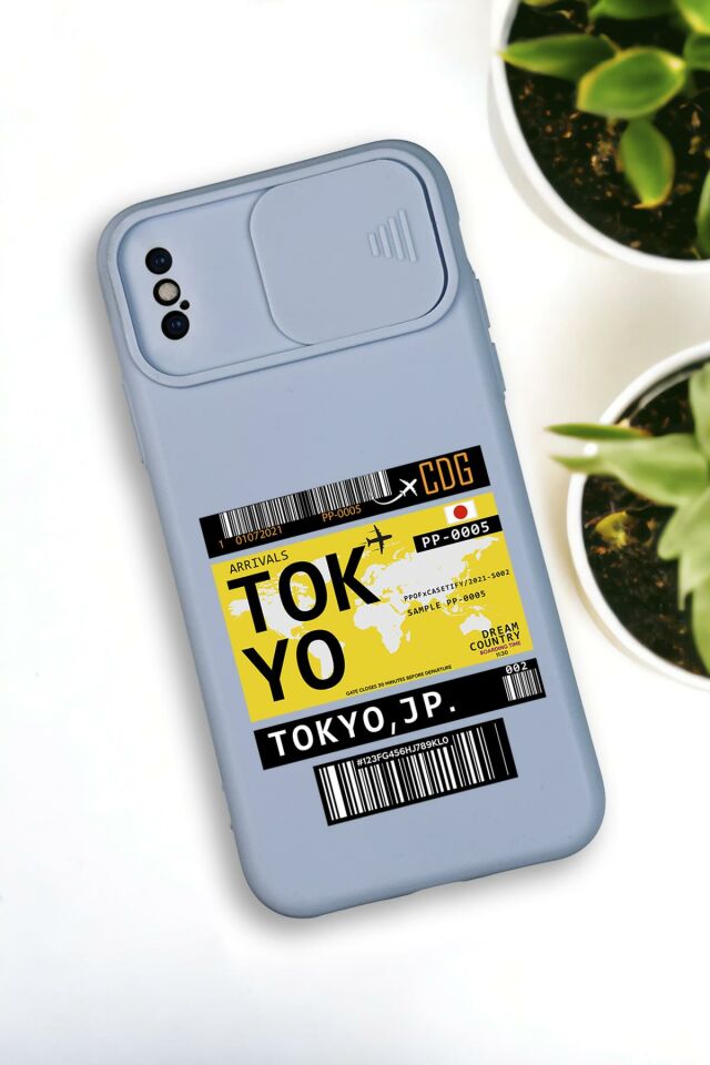 iPhone X / Xs Uyumlu Tokyo Ticket Desenli Kamera Koruma Slider Kapaklı Silikonlu Telefon Kılıfı