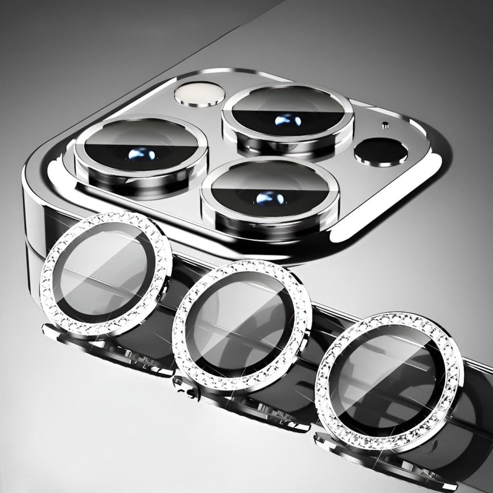 iPhone 15 Pro Max Uyumlu Swarovski Taşlı Görünümlü Kamera Lensi Koruma Camı