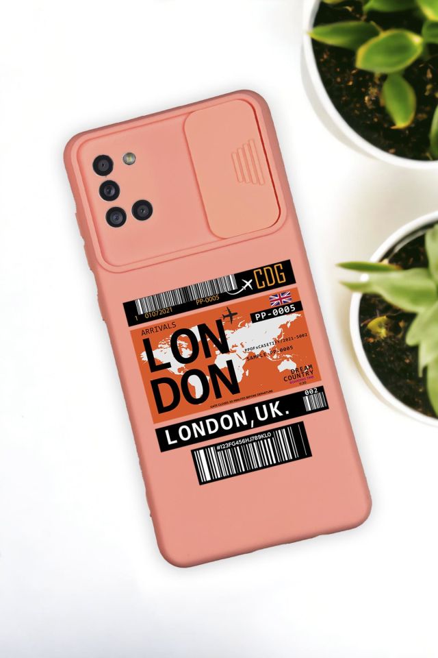 Samsun A31 Uyumlu London Yaprak Desenli Kamera Koruma Slider Kapaklı Silikonlu Telefon Kılıfı