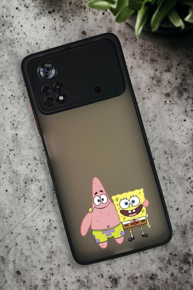 Xiaomi Poco X4 Pro Uyumlu Sünger Bob ve Patrick Star Desenli Buzlu Şeffaf Lüx Telefon Kılıfı