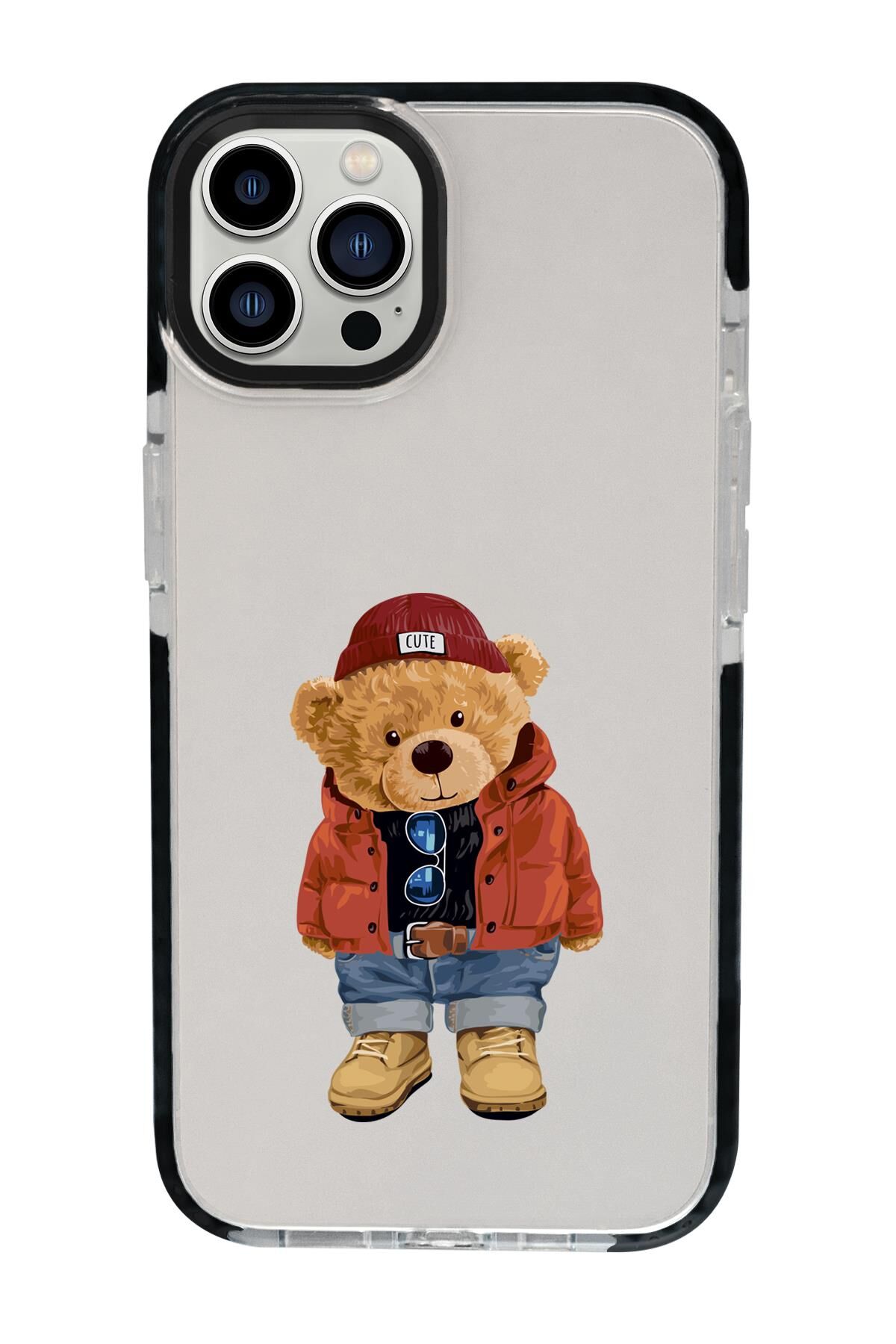 iPhone 15 Pro Max Uyumlu Teddy Bear Desenli Candy Bumper Darbe Emci Silikonlu Telefon Kılıfı