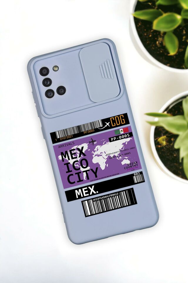 Samsun A31 Uyumlu Mexico Ticket Desenli Kamera Koruma Slider Kapaklı Silikonlu Telefon Kılıfı