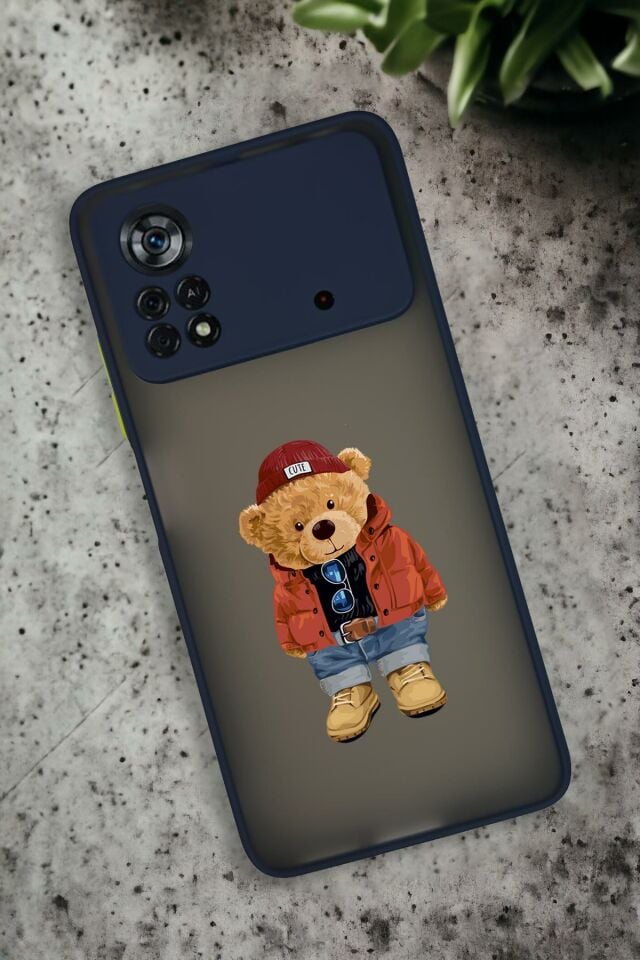 Xiaomi Poco X4 Pro Uyumlu Teddy Bear Desenli Buzlu Şeffaf Lüx Telefon Kılıfı