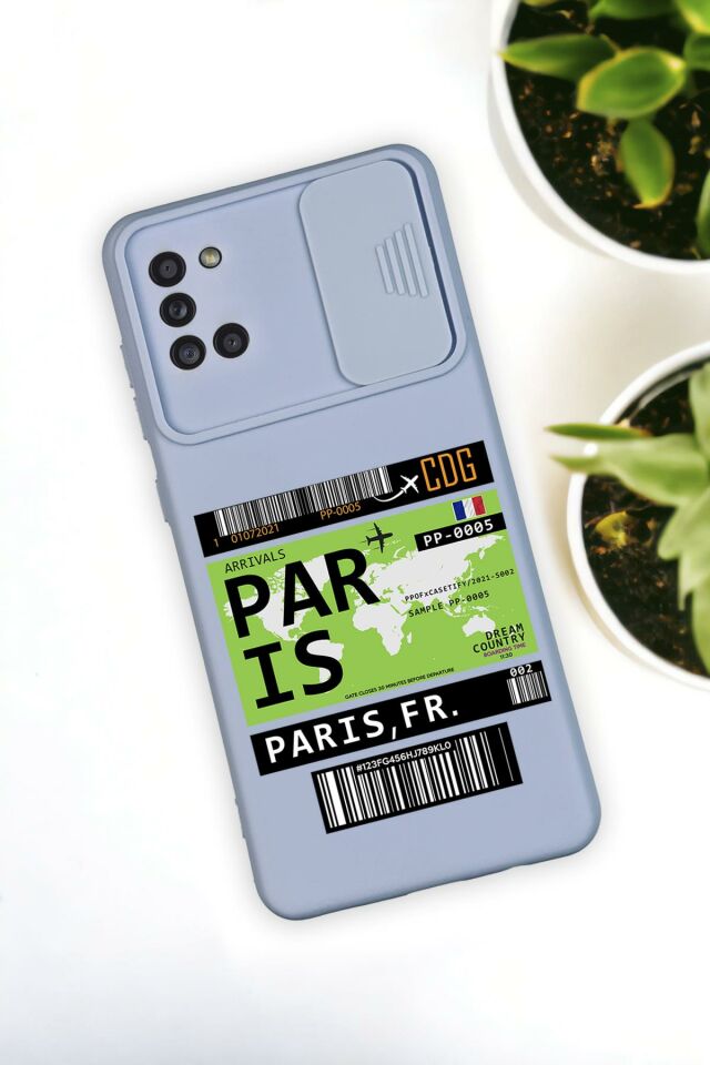Samsun A31 Uyumlu Paris Ticket Desenli Kamera Koruma Slider Kapaklı Silikonlu Telefon Kılıfı