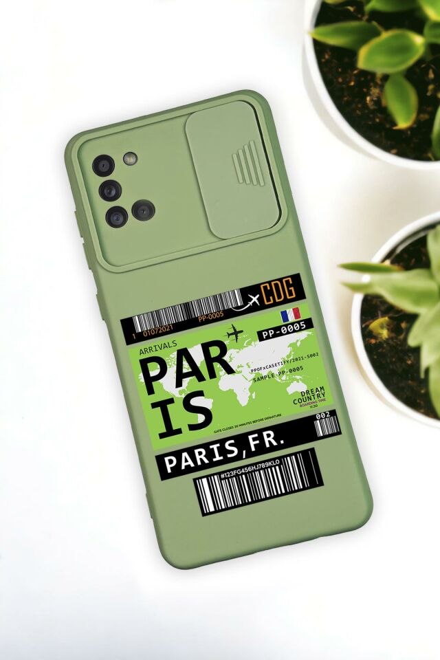 Samsun A31 Uyumlu Paris Ticket Desenli Kamera Koruma Slider Kapaklı Silikonlu Telefon Kılıfı