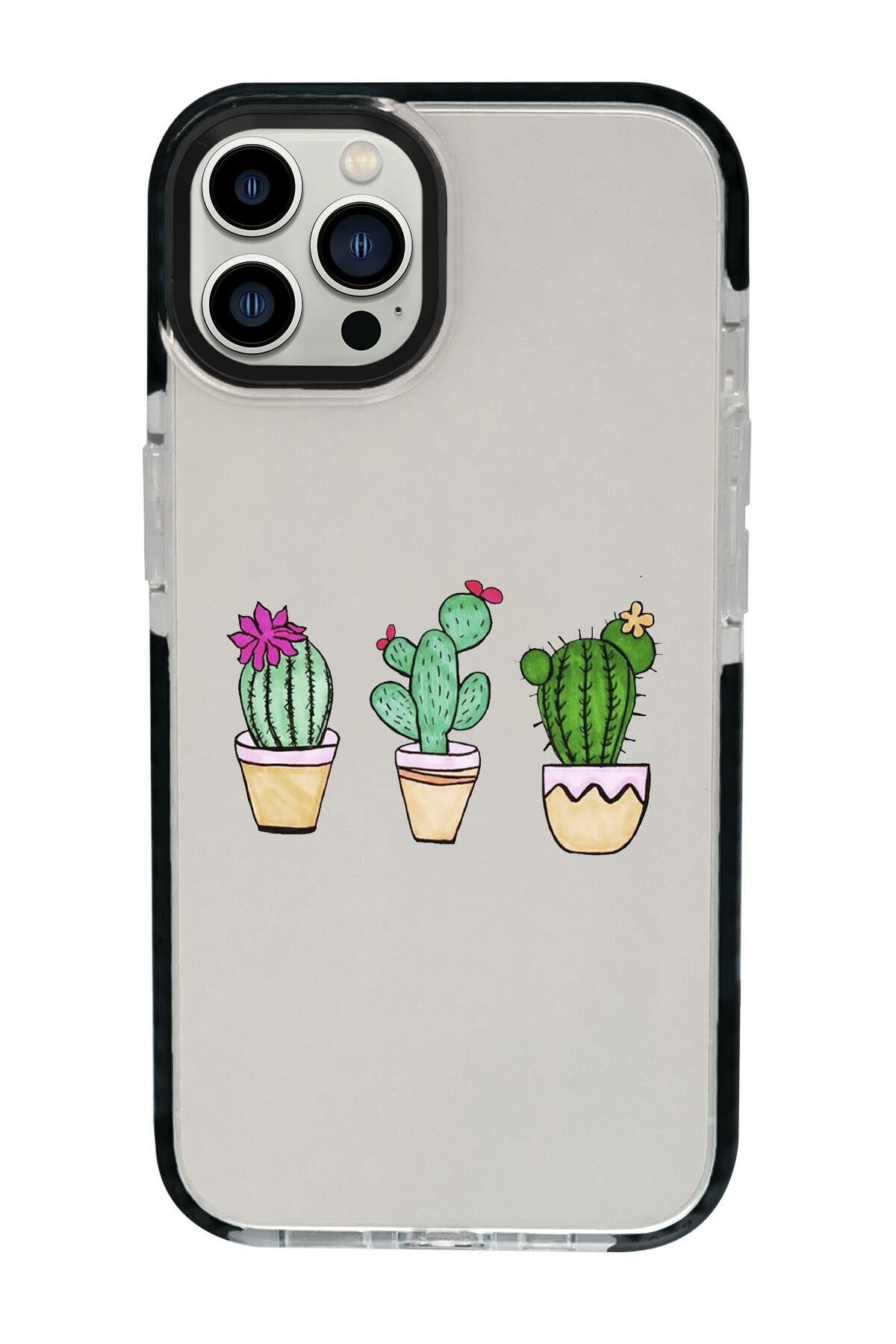 iPhone 15 Pro Max Uyumlu Üçlü Kaktüs Desenli Candy Bumper Darbe Emci Silikonlu Telefon Kılıfı