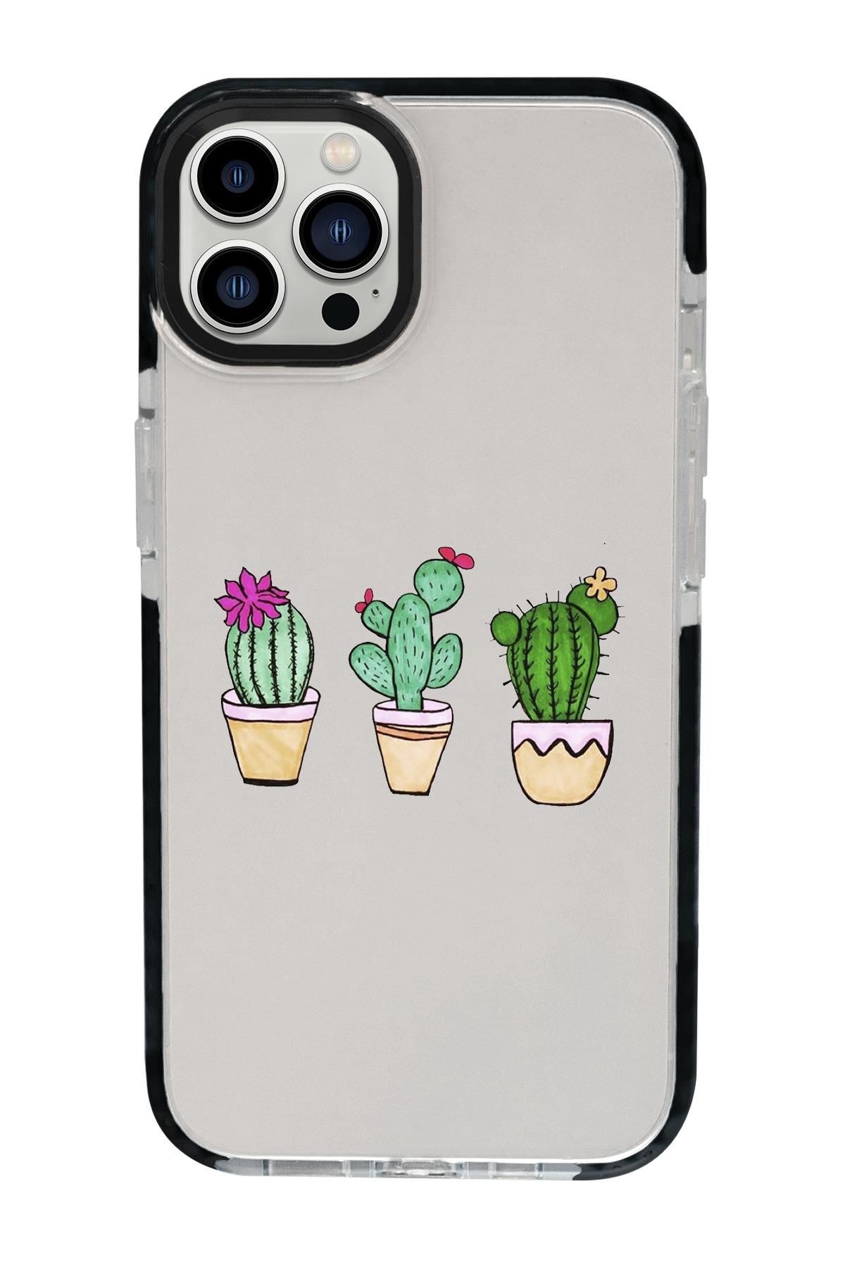 iPhone 15 Pro Uyumlu Üçlü Kaktüs Desenli Candy Bumper Darbe Emci Silikonlu Telefon Kılıfı