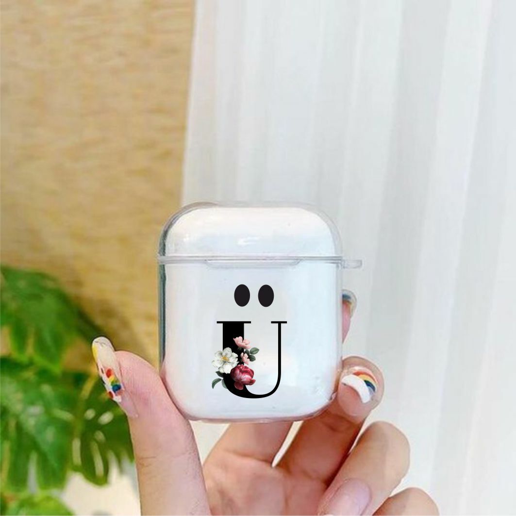 Premium Silikonlu Çiçek Desenli Siyah Ü Harfi Şeffaf Airpods Kılıfı