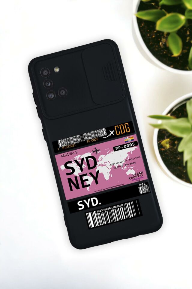 Samsun A31 Uyumlu Sydney Ticket Desenli Kamera Koruma Slider Kapaklı Silikonlu Telefon Kılıfı