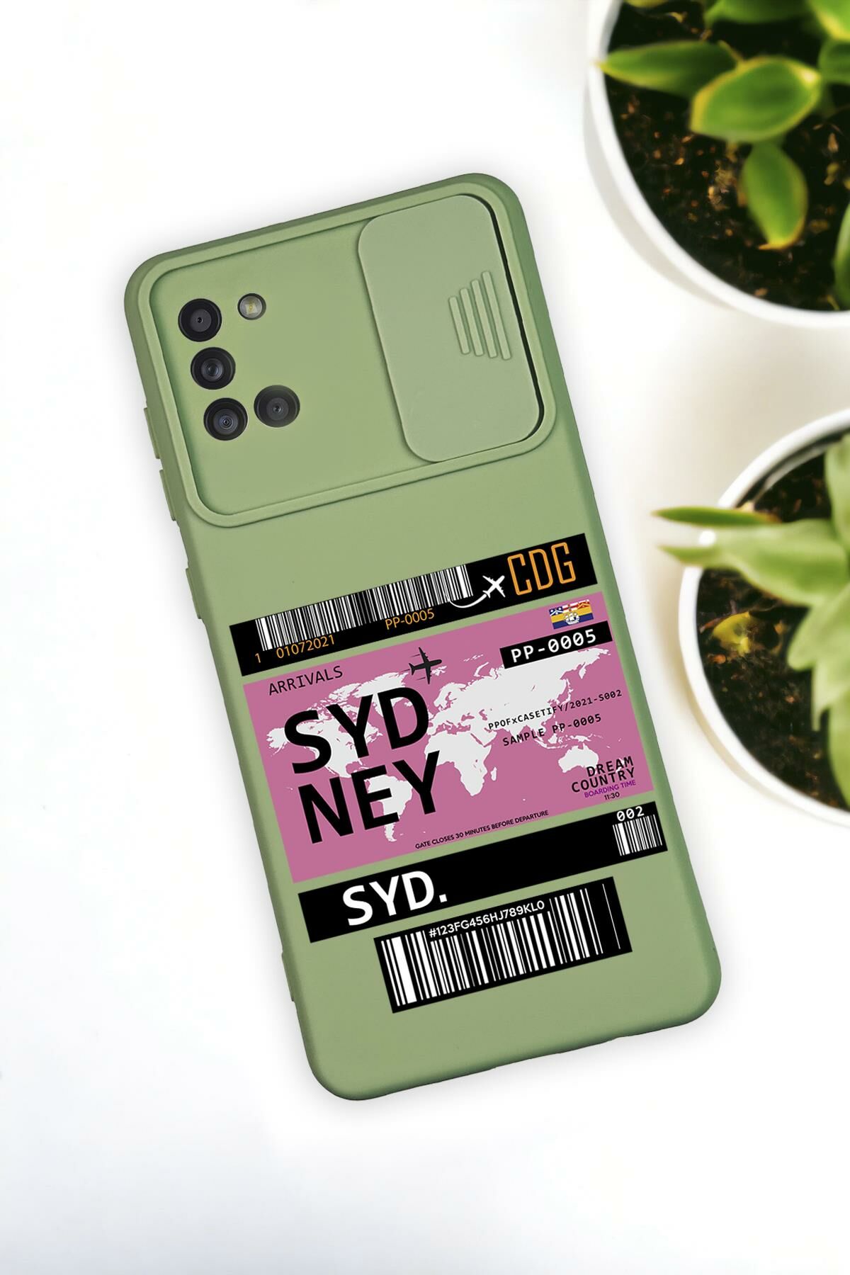 Samsun A31 Uyumlu Sydney Ticket Desenli Kamera Koruma Slider Kapaklı Silikonlu Telefon Kılıfı