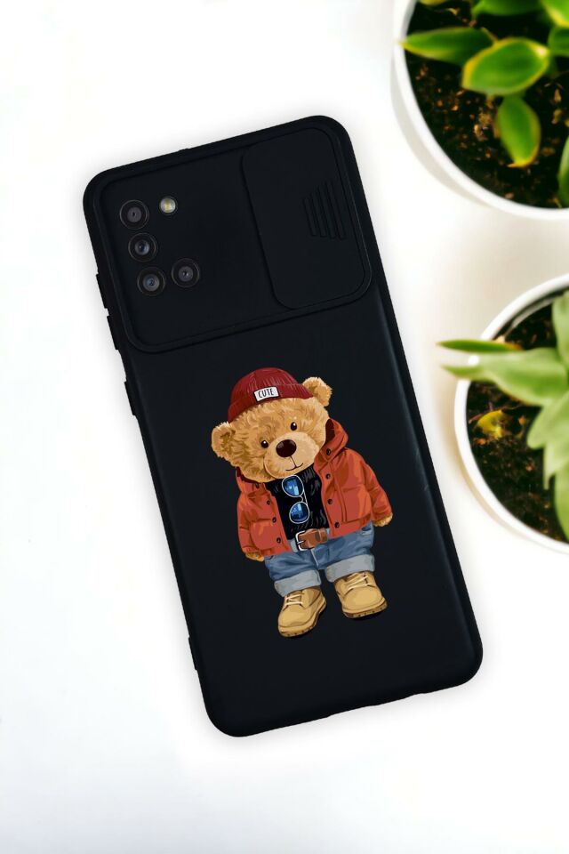 Samsun A31 Uyumlu Teddy Bear Desenli Kamera Koruma Slider Kapaklı Silikonlu Telefon Kılıfı