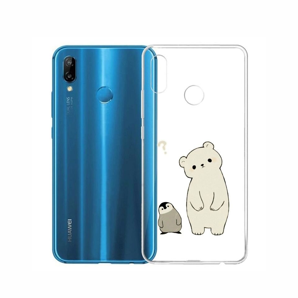 Huawei P20 Lite Penguen ve Ayıcık Şeffaf Telefon Kılıfı