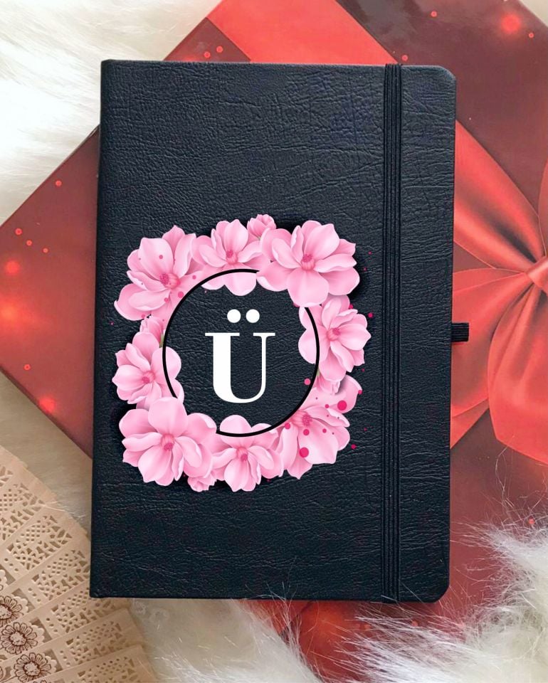 Ü Harfli Çiçekli Siyah Defter