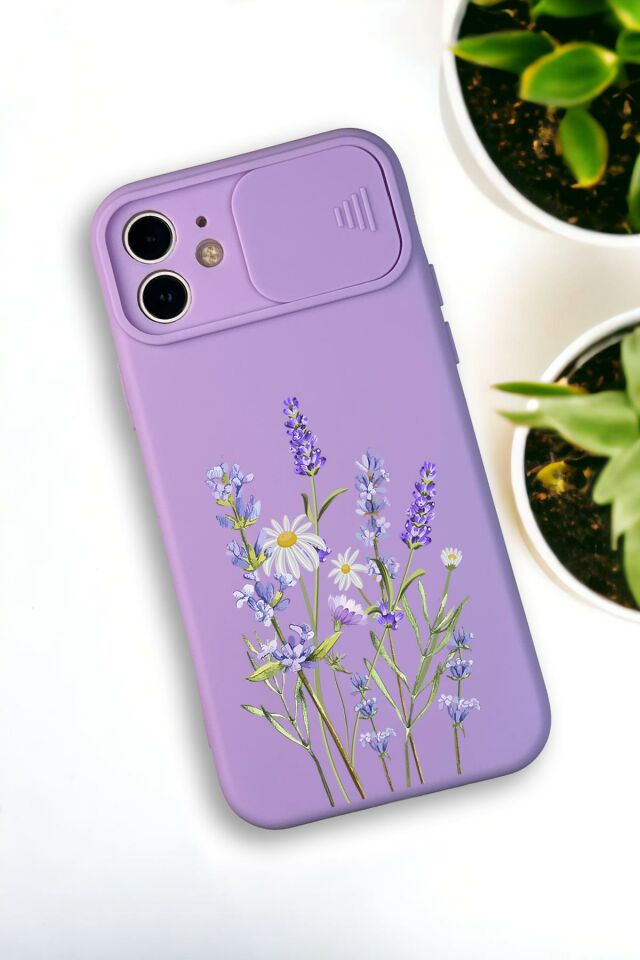 iPhone 12 Mini Uyumlu Lavender Desenli Kamera Koruma Slider Kapaklı Silikonlu Telefon Kılıfı