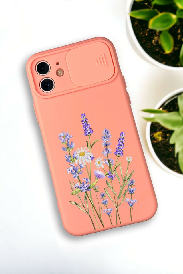iPhone 12 Mini Uyumlu Lavender Desenli Kamera Koruma Slider Kapaklı Silikonlu Telefon Kılıfı