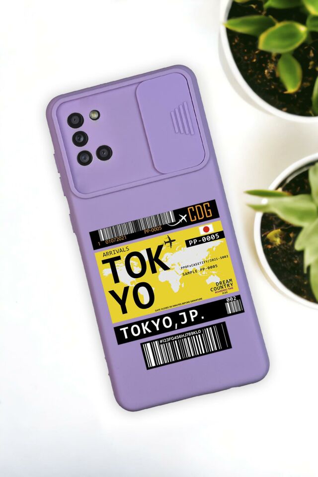 Samsun A31 Uyumlu Tokyo Ticket Desenli Kamera Koruma Slider Kapaklı Silikonlu Telefon Kılıfı
