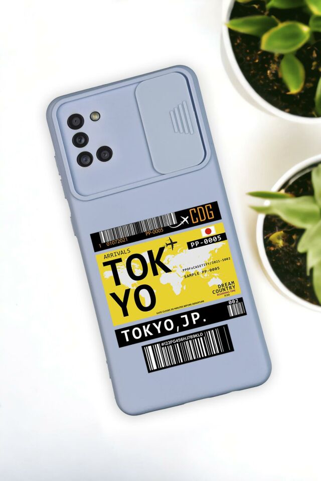 Samsun A31 Uyumlu Tokyo Ticket Desenli Kamera Koruma Slider Kapaklı Silikonlu Telefon Kılıfı