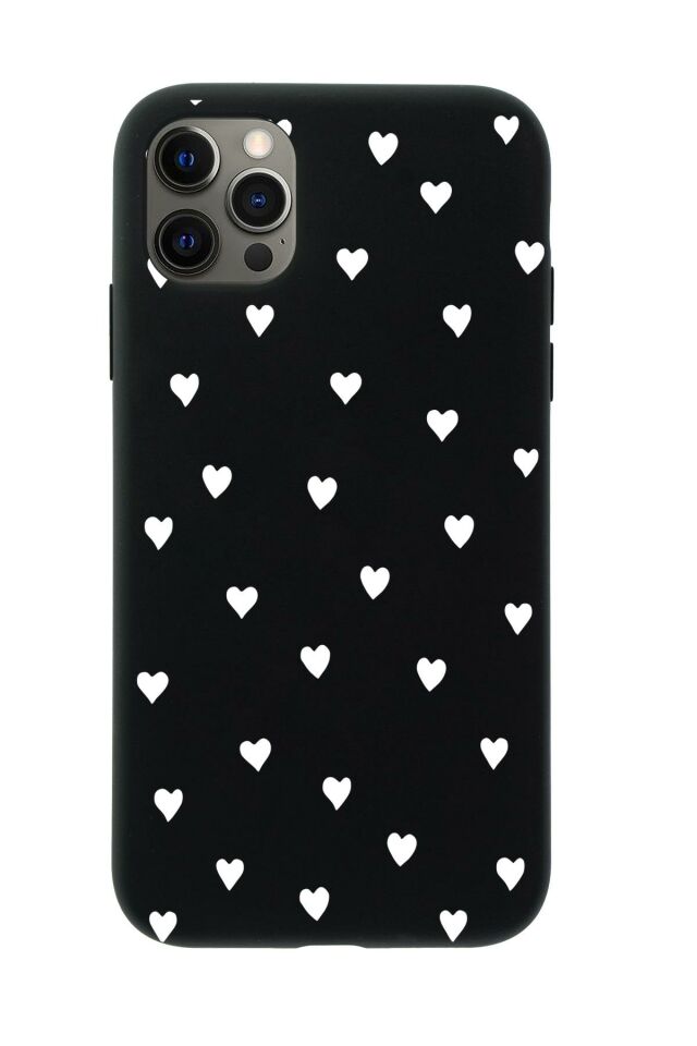 iPhone 12 Pro Max Uyumlu Siyah Kalpler Desenli Premium Silikonlu Telefon Kılıfı