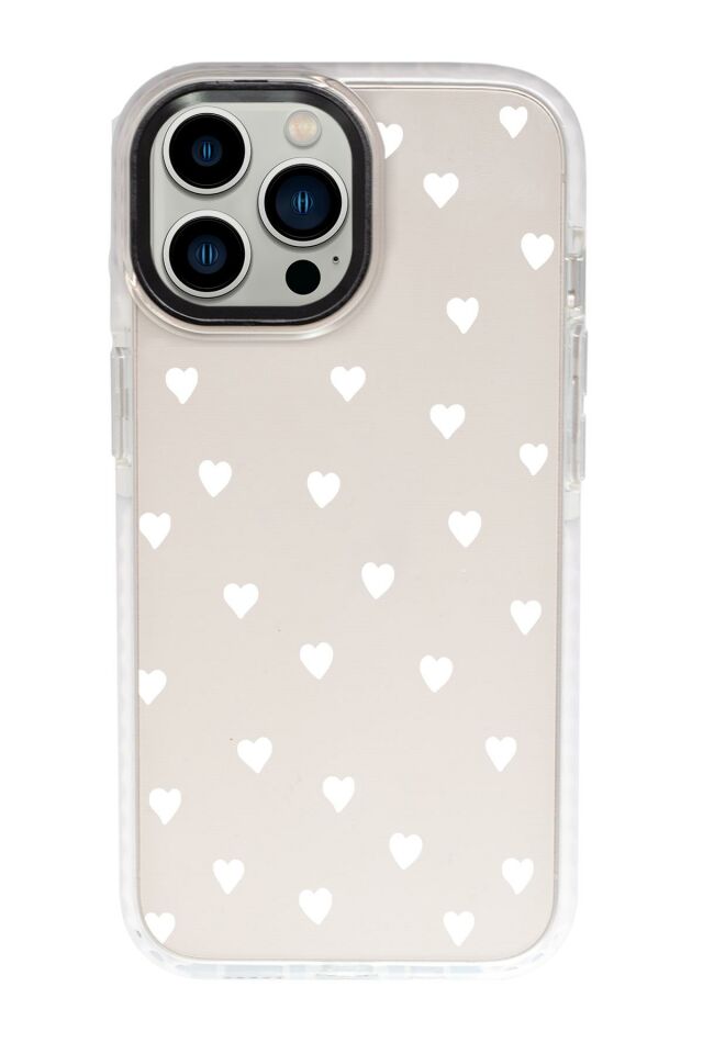 iPhone 15 Pro Uyumlu Beyaz Kalpler Desenli Candy Bumper Darbe Emci Silikonlu Telefon Kılıfı mchzr