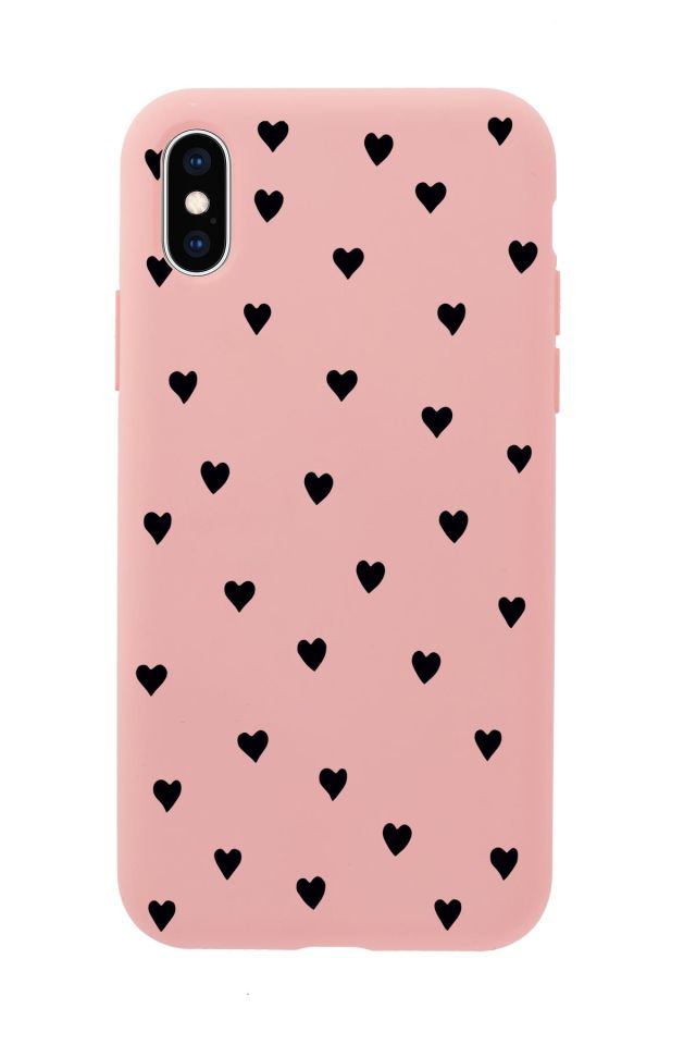 iPhone XS Uyumlu Siyah Kalpler Desenli Premium Silikonlu Telefon Kılıfı