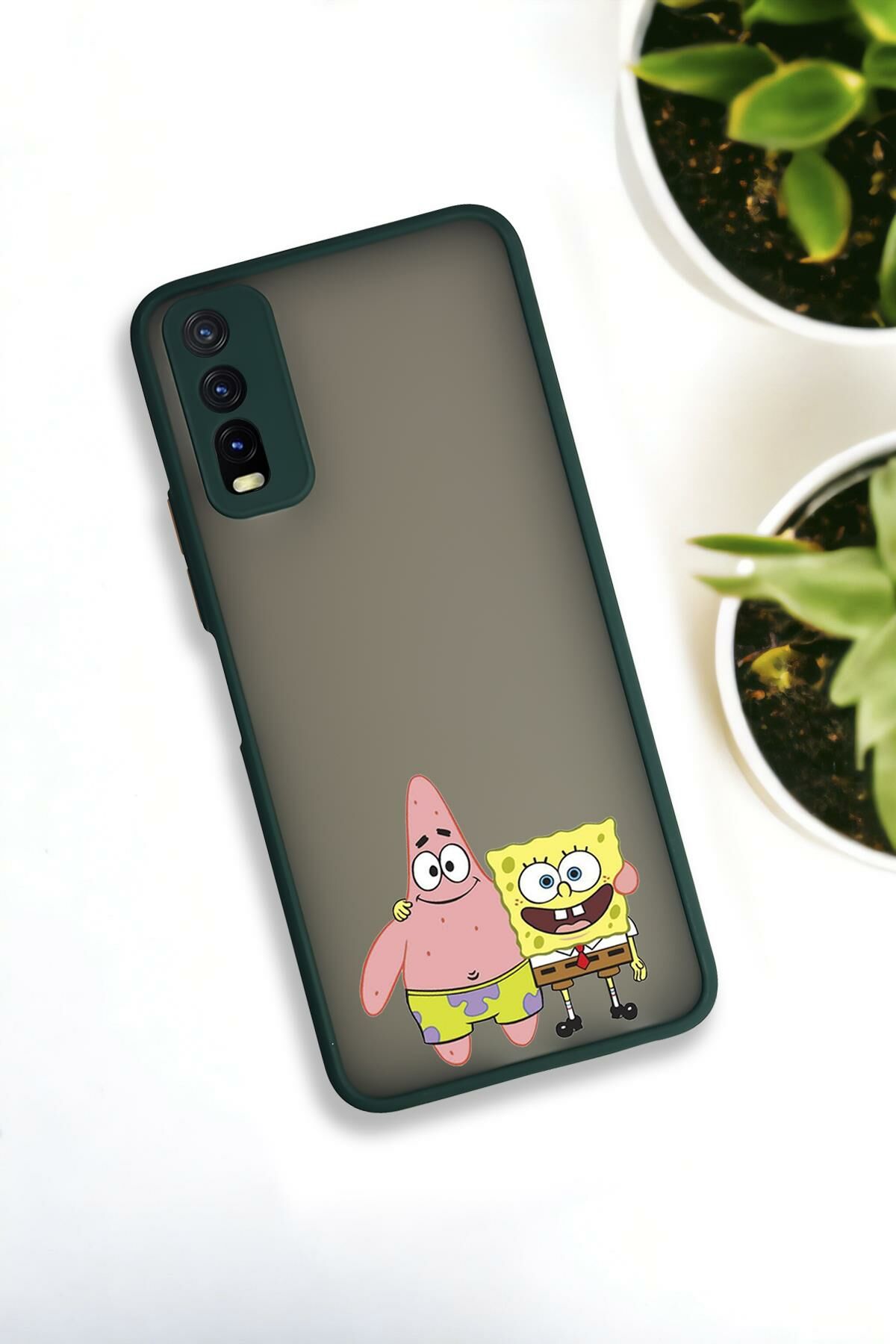 Vivo Y20 Uyumlu Sünger Bob ve Patrick Star Desenli Buzlu Şeffaf Lüx Telefon Kılıfı