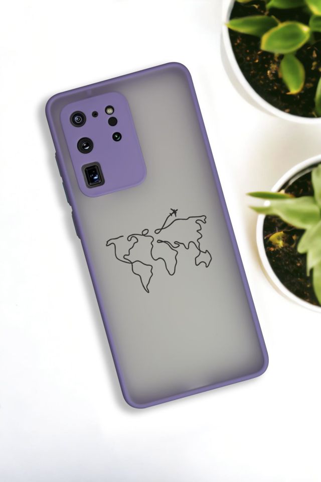 Samsung S20 Ultra Uyumlu Dünya Harita Rota Desenli Buzlu Şeffaf Lüx Telefon Kılıfı