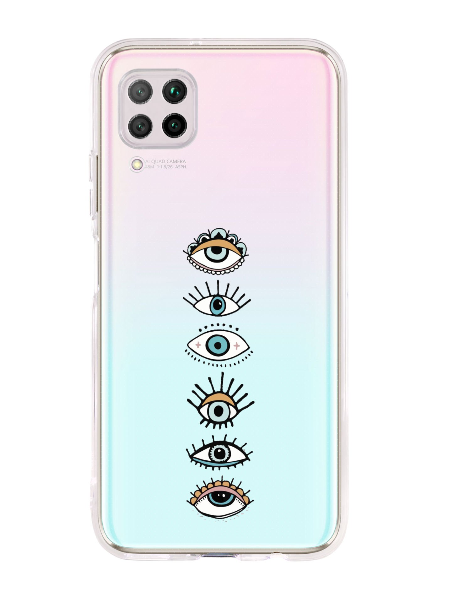 Huawei P40 Lite Renkli Gözler Desenli Premium Şeffaf Silikon Kılıf