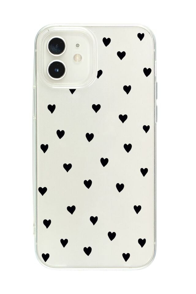 iPhone 12 Mini Uyumlu Siyah Kalpler Premium Şeffaf Silikon Kılıf
