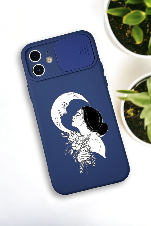 iPhone 12 Mini Uyumlu Moon and Women Desenli Kamera Koruma Slider Kapaklı Silikonlu Telefon Kılıfı