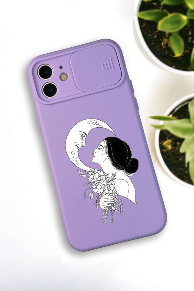iPhone 12 Mini Uyumlu Moon and Women Desenli Kamera Koruma Slider Kapaklı Silikonlu Telefon Kılıfı