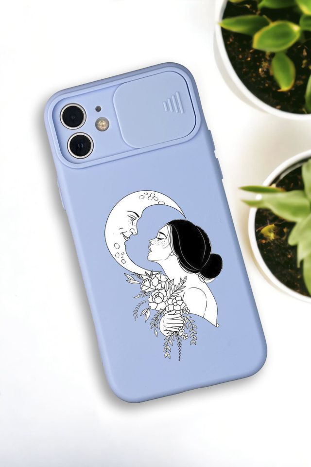 iPhone 12 Mini Uyumlu Moon and Women Desenli Kamera Koruma Slider Kapaklı Silikonlu Telefon Kılıfı