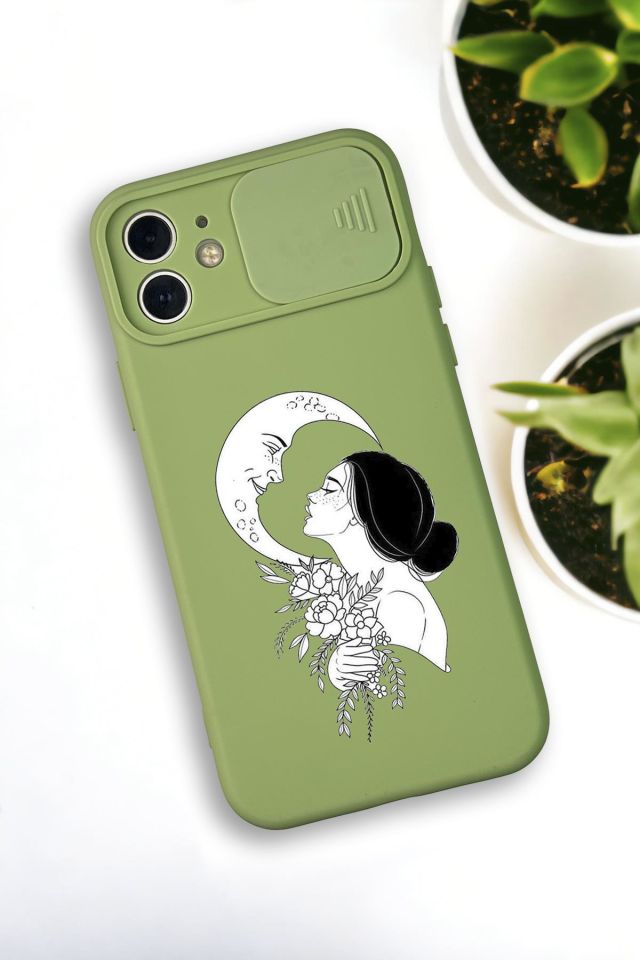 iPhone 12 Mini Uyumlu Moon and Women Desenli Kamera Koruma Slider Kapaklı Silikonlu Telefon Kılıfı