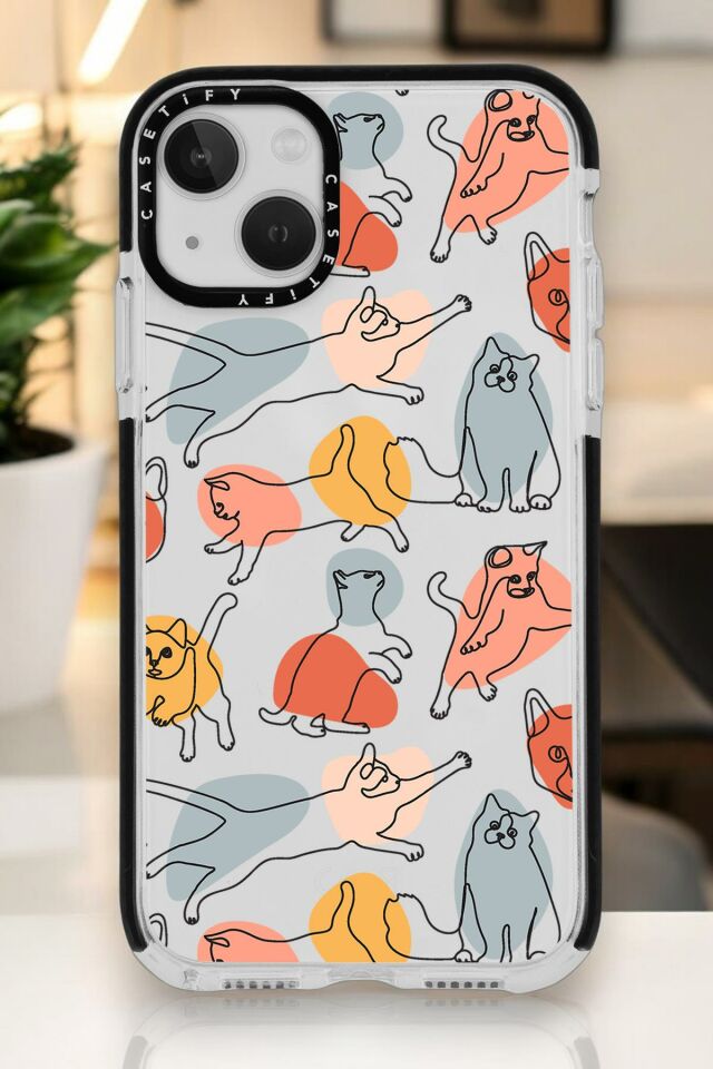 iPhone 14 Plus Uyumlu Sevimli Kedi Figürleri Desenli Casetify Darbe Emci Silikonlu Telefon Kılıfı